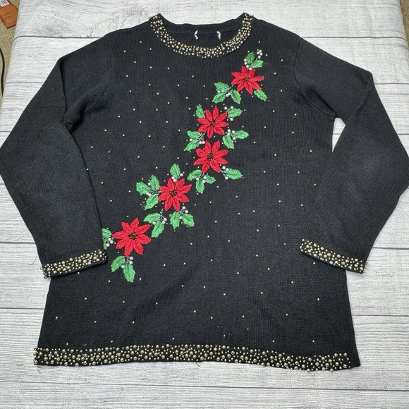 Victoria Jones Woman Sweaters - Vintage Victoria Jones Holiday Christmas Sweater Black Beaded Embroidered Floral